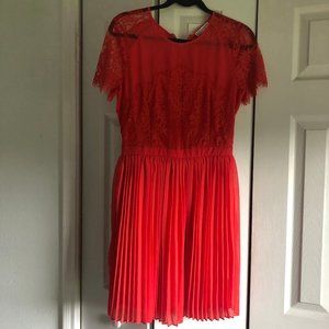 MADE FOR IMPULSE ORANGE LACE & PLEATED MIDI DRESS